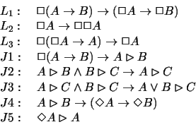\begin{displaymath}\begin{array}{l}
L_1 :\ \ \ \Box (A\rightarrow B)\rightarrow ...
...ghtarrow \Diamond B) \\
J5 :\ \ \ \Diamond A\rhd A
\end{array}\end{displaymath}